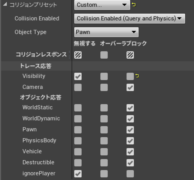 ue4で特定のオブジェクトとの当たり判定を無視する