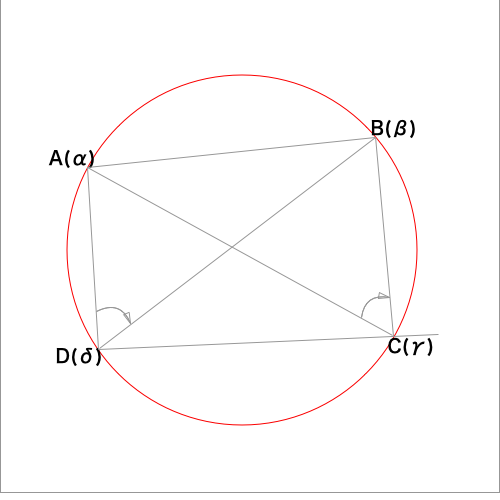 複素数平面の四角形が円に内接する条件についての図2